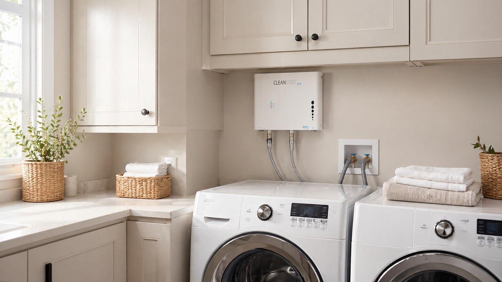 RainSoft CleanStart laundry system installed above a washer in a bright modern laundry room.