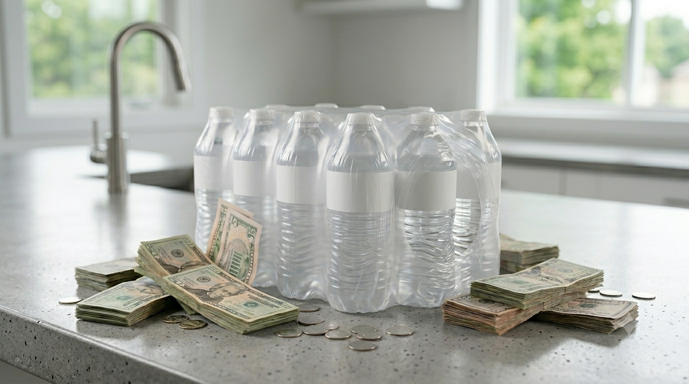 Clear plastic water bottle illustrating microplastic and nanoplastic contamination inside a kitchen