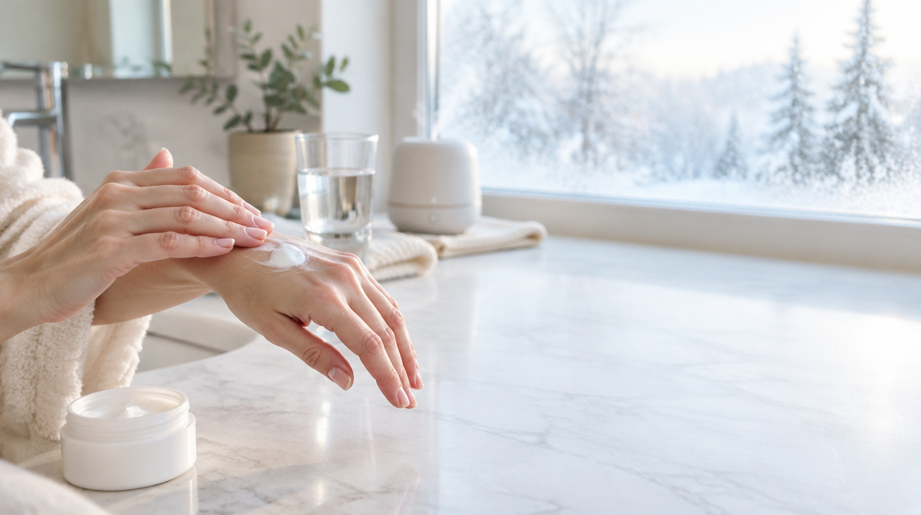 Close-up of a person applying moisturizer to dry, cracked hands in a bright bathroom during winter