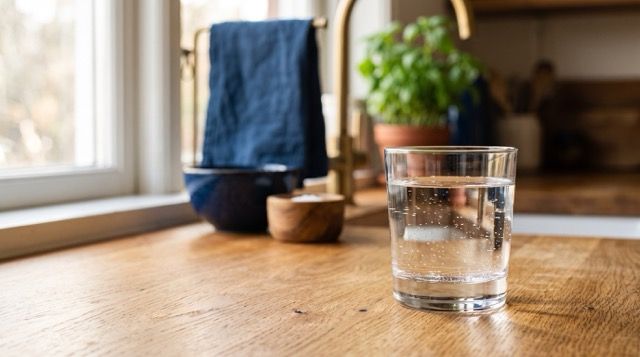 Water glass sitting on a kitchen counter