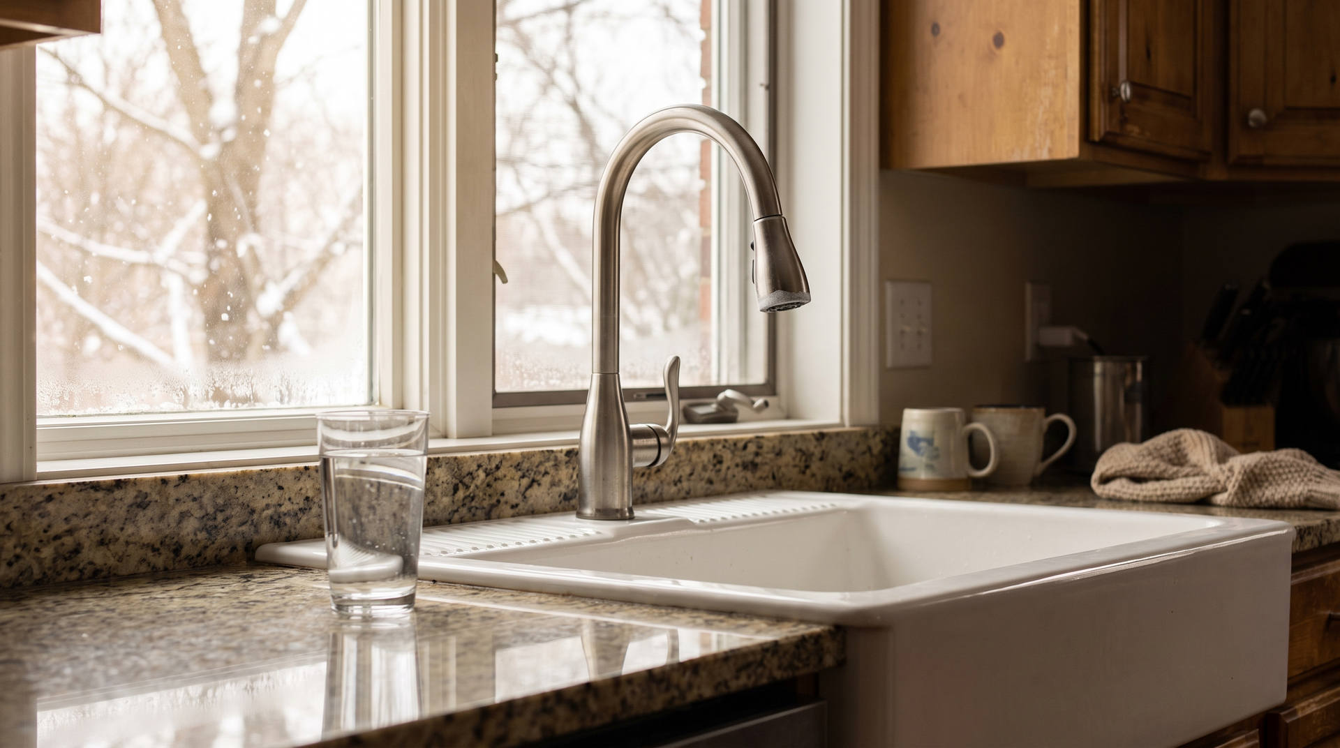 Frosted winter window beside a faucet with mineral scale buildup, showing hard water problems.