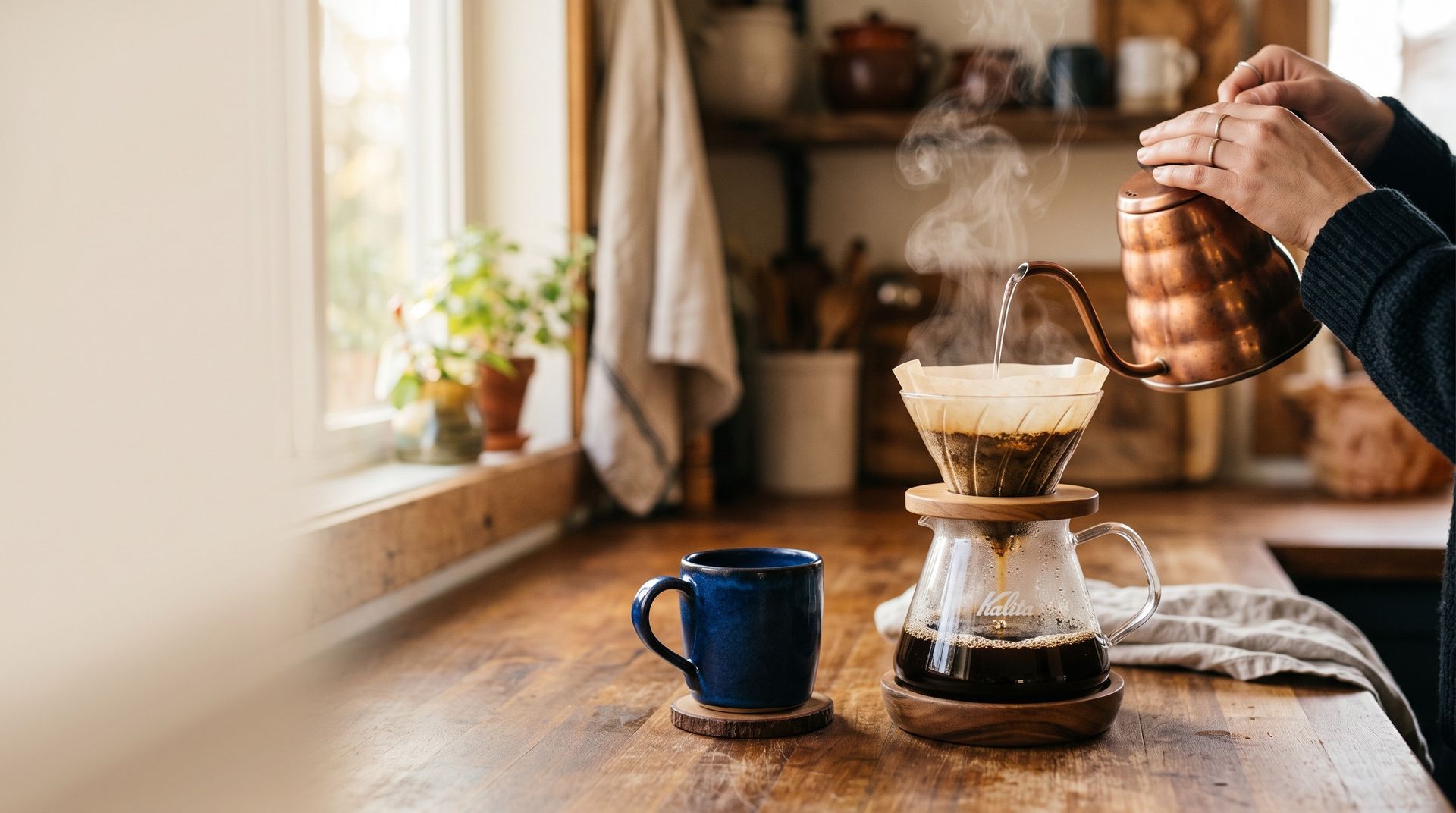 Pour-over coffee blooming in warm morning light beside a blue ceramic mug