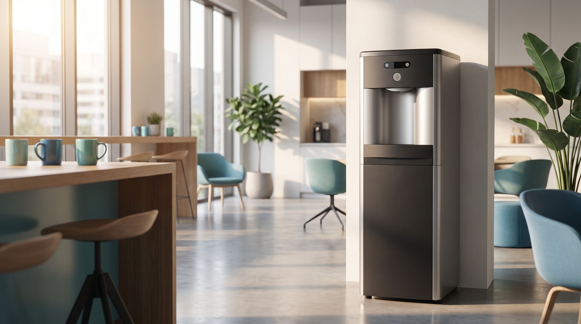 Office break room with a bottleless water cooler.