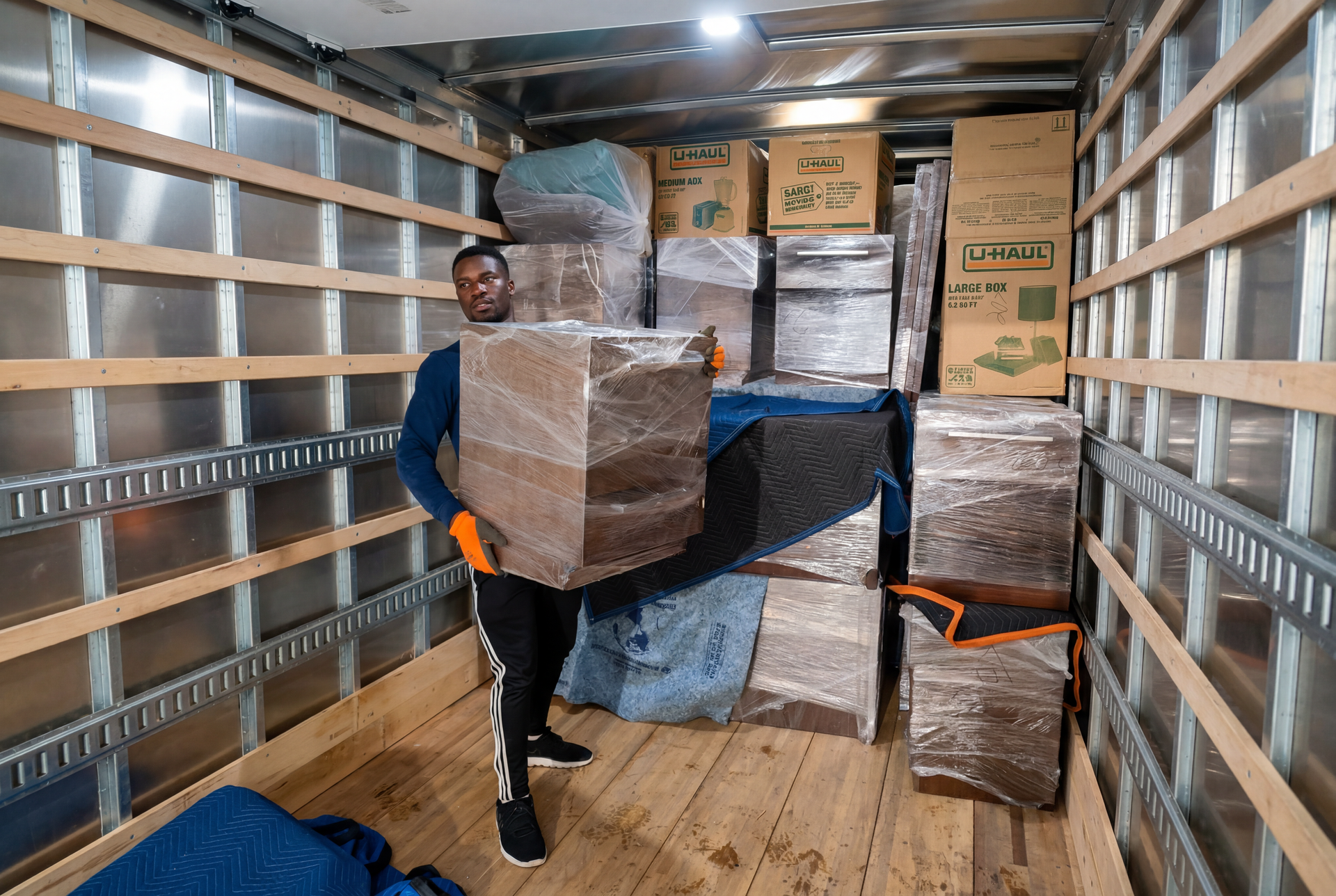 Man standing in a truck loading bay, holding a large wrapped box amid stacked packages.