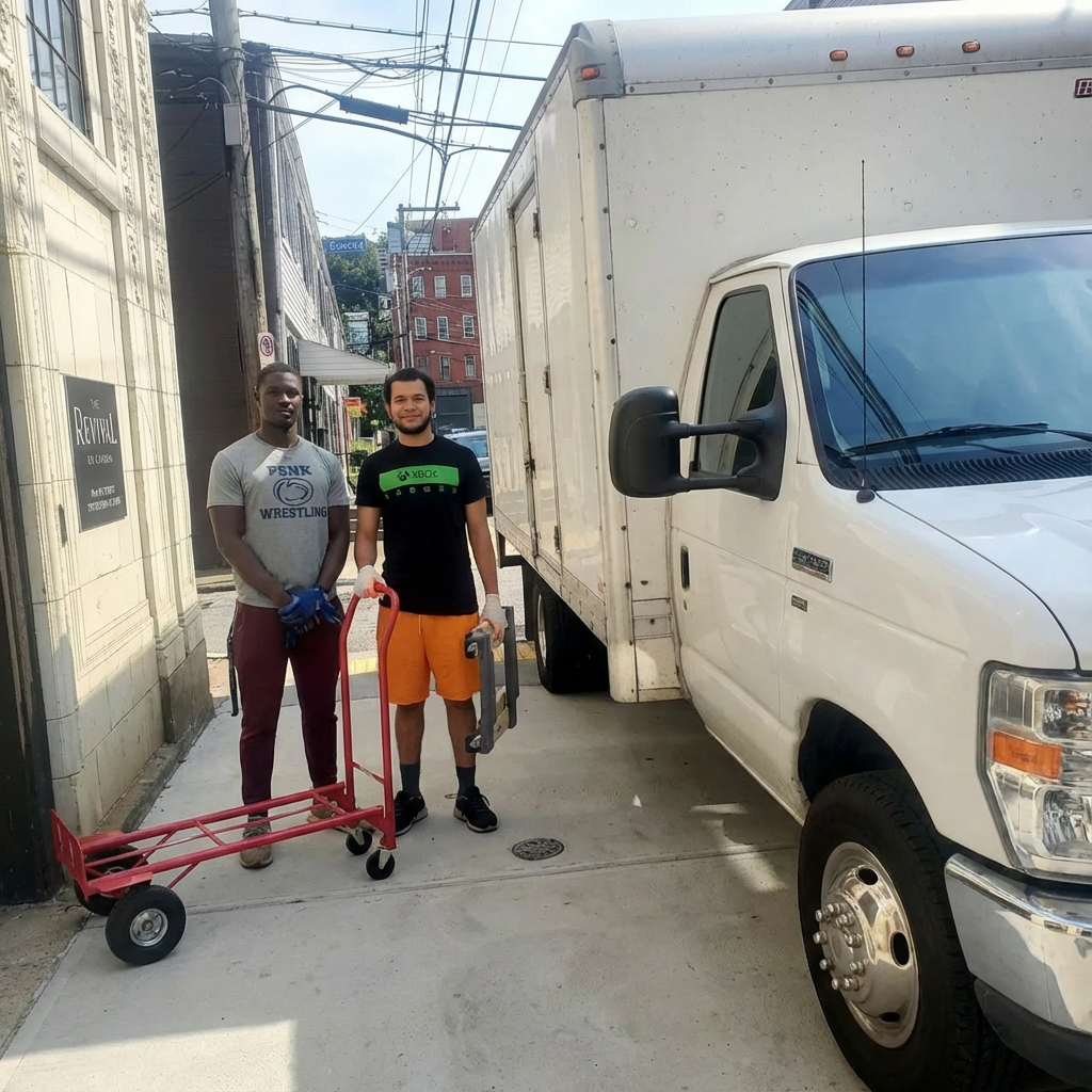 Two men stand beside a white box truck in a narrow alley, next to a red dolly.