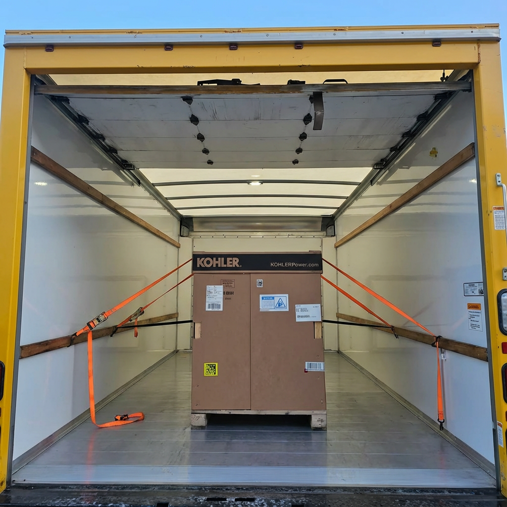 Large KOHLER generator secured in an open yellow freight truck, strapped for transport.
