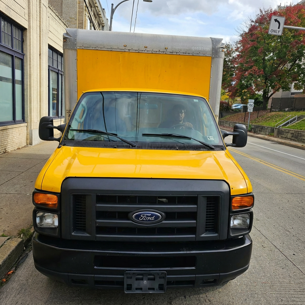 A yellow ford truck is parked on the side of the road