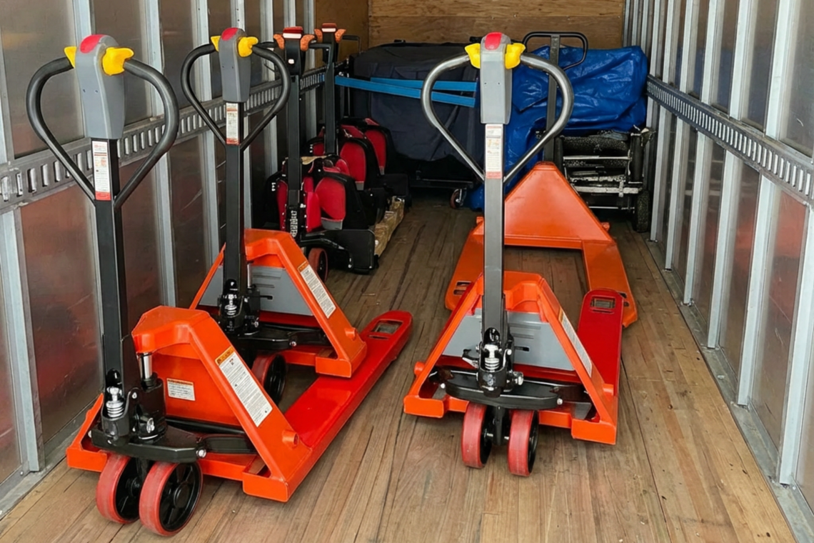 Two red and silver pallet jacks inside a truck trailer.