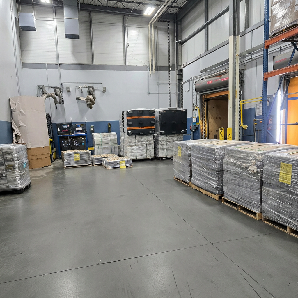 Warehouse interior with stacked pallets of wrapped goods and a loading dock door.