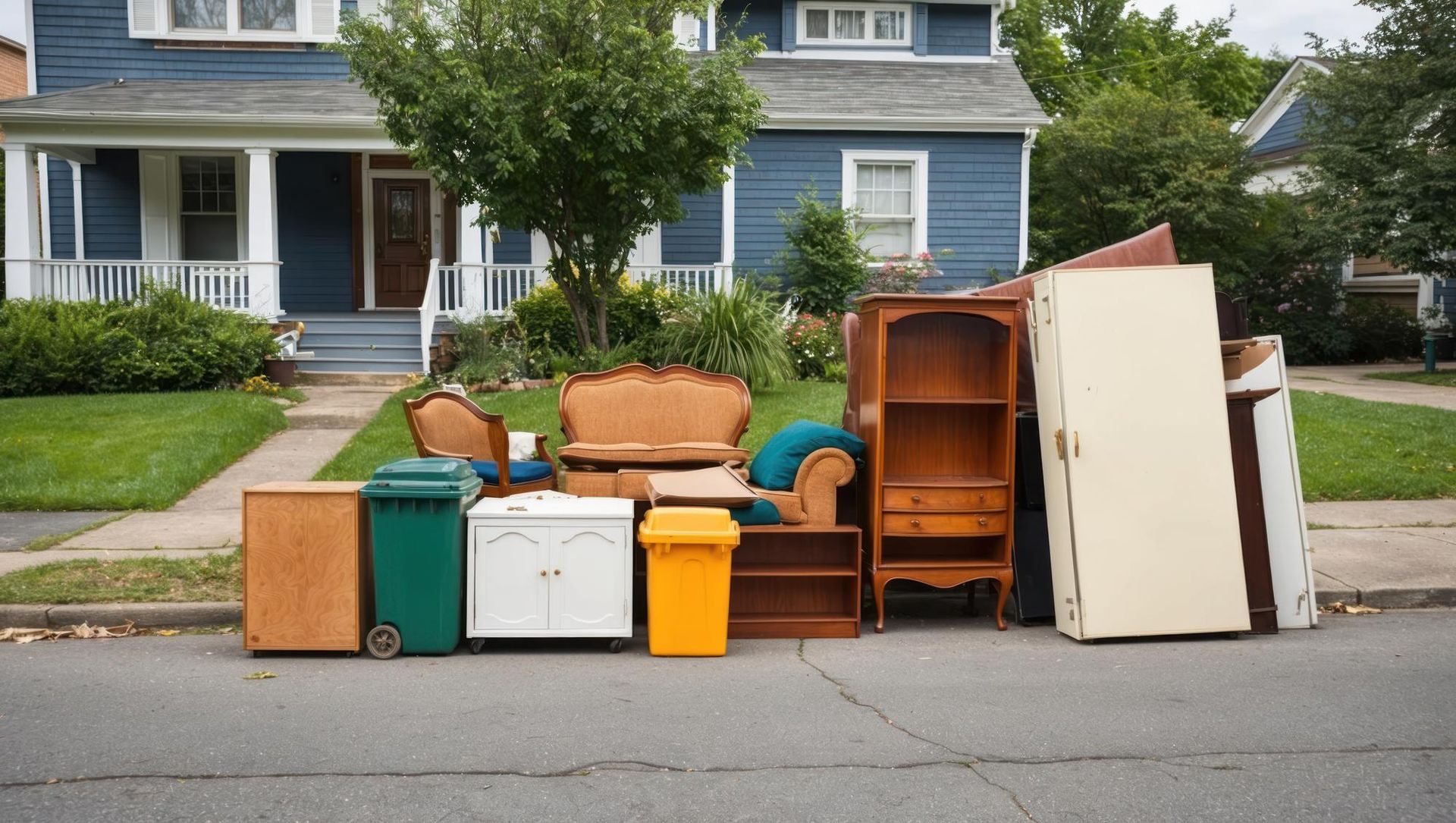 A pile of junk is on the side of the road in front of a blue house