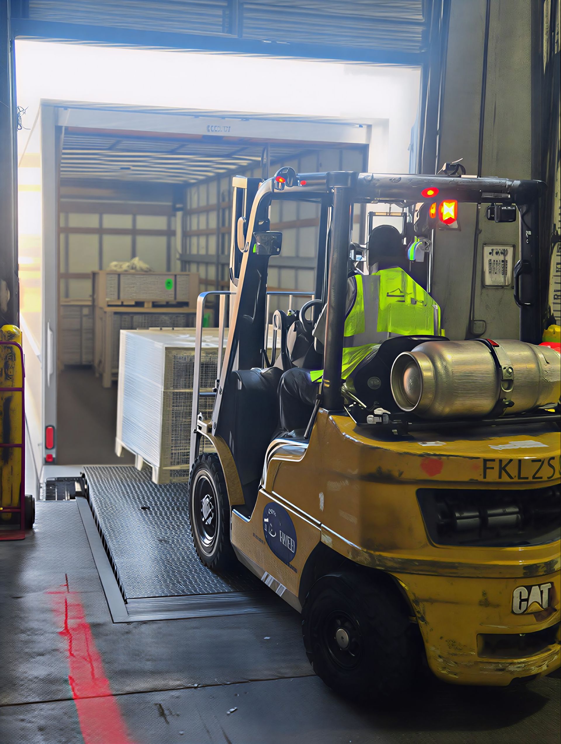 Yellow forklift carrying white pallets in a warehouse loading bay, with a worker in a high-vis jacket nearby