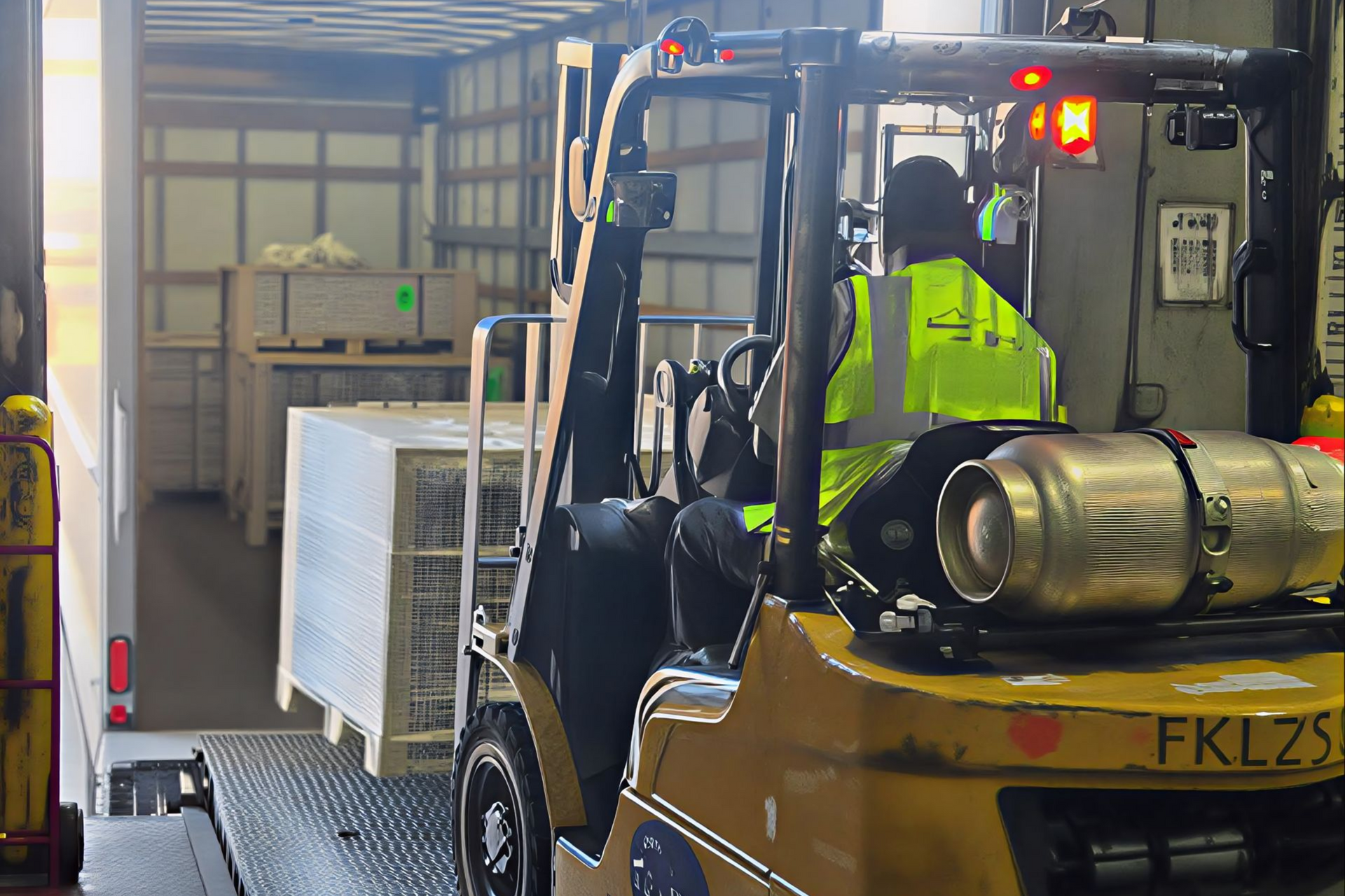 Yellow forklift unloading pallets from a truck inside a warehouse.