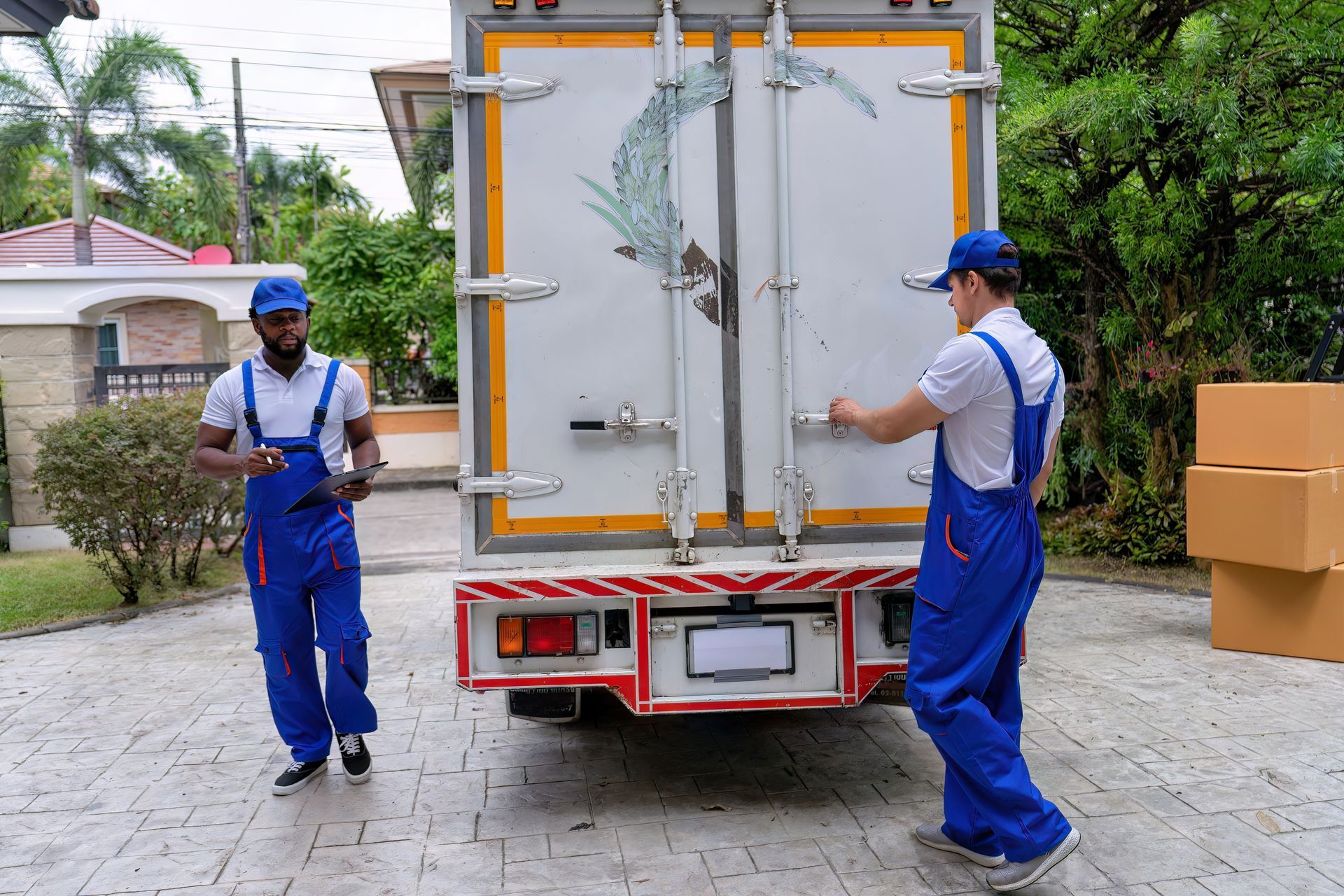 Two men in blue overalls are standing next to a white truck.