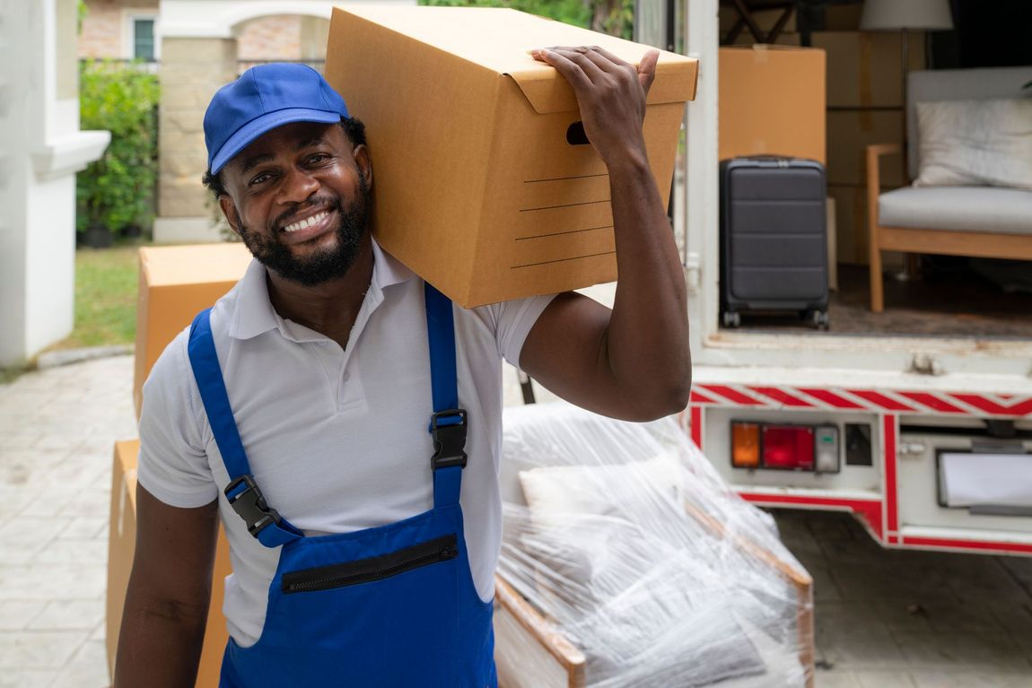 A man is carrying a cardboard box on his shoulder.