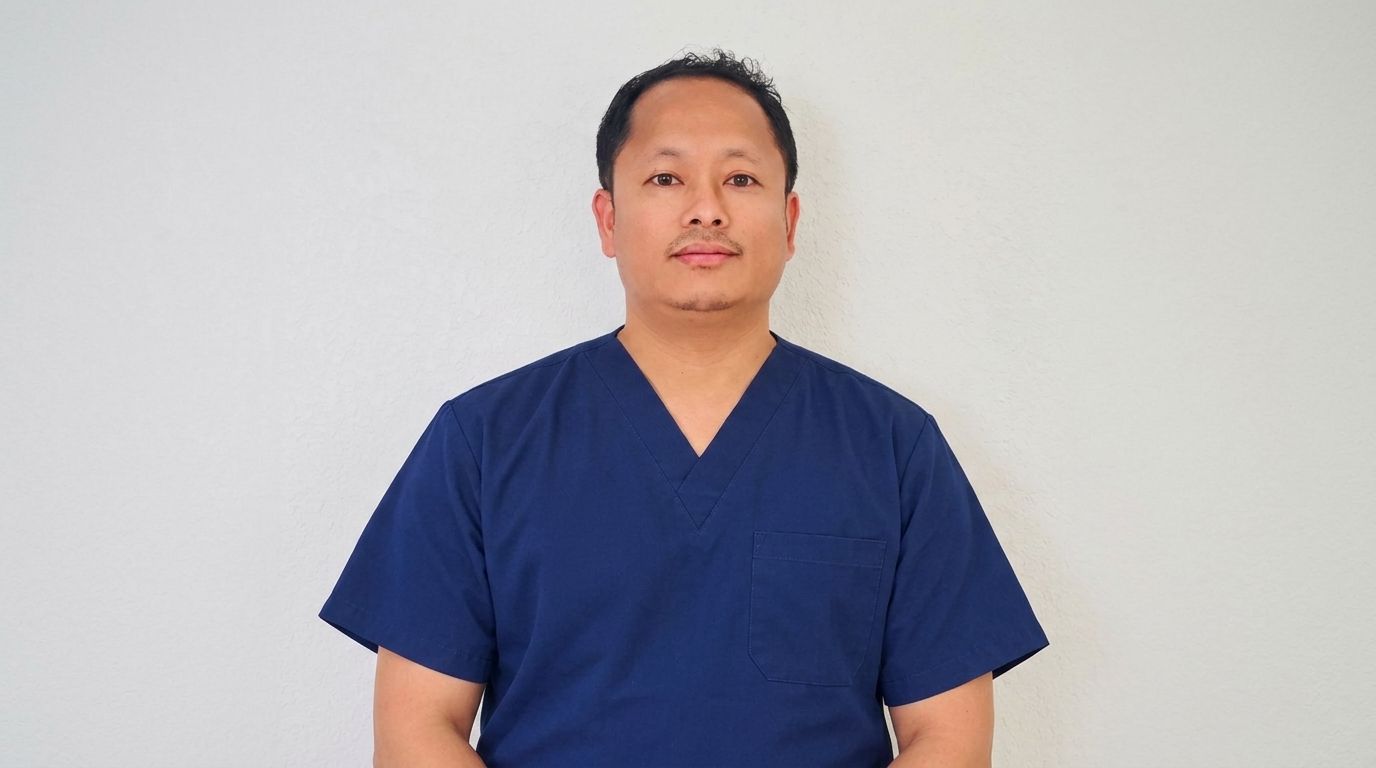 Person wearing blue medical scrubs standing against a plain light background.