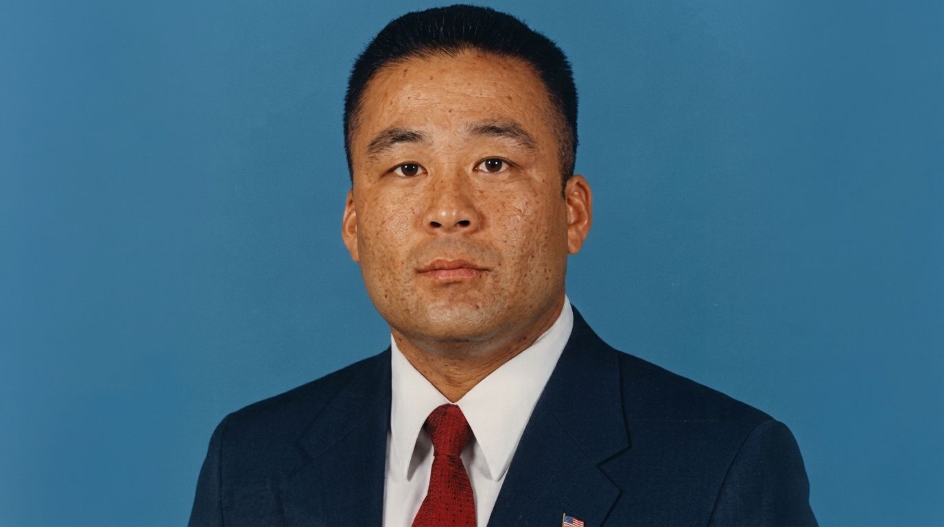 Formal portrait of a man in a dark suit, white shirt, and red tie against a blue background