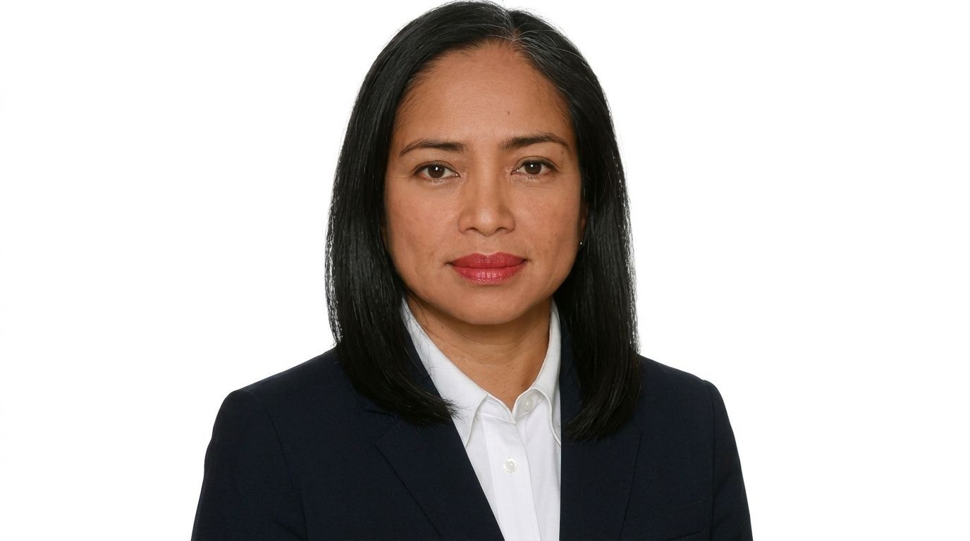 Professional headshot of a person in a dark blazer and white shirt against a white background