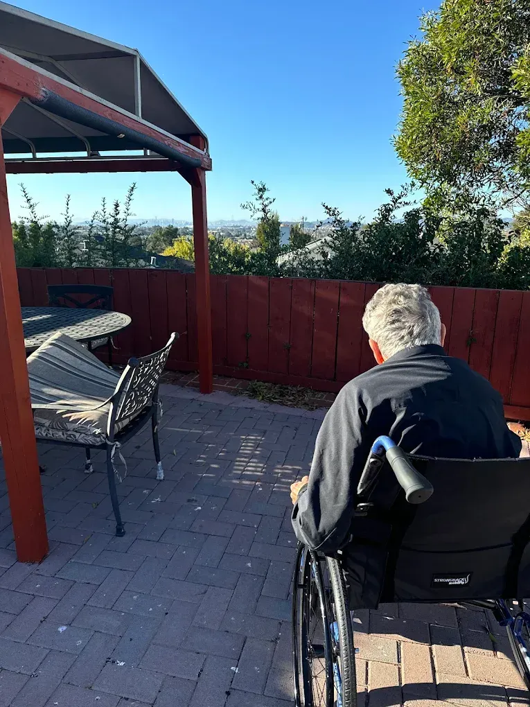 Person in a wheelchair on a sunny patio beside a red fence and garden