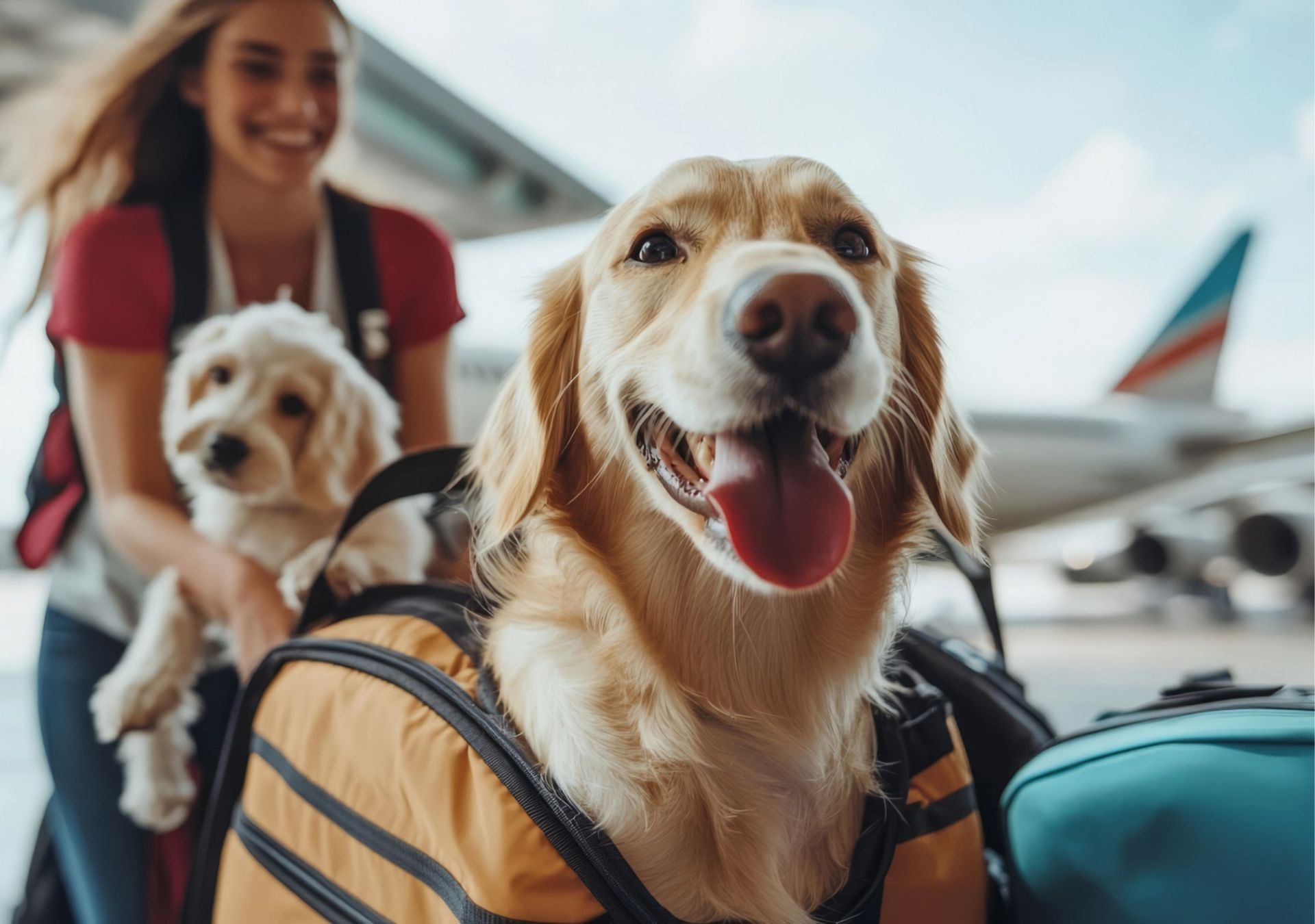 寵物出國全程規劃服務意象-黃金獵犬於航空運輸場域,象徵寵物出國前的航線安排、文件規畫與跨部門流程協調。