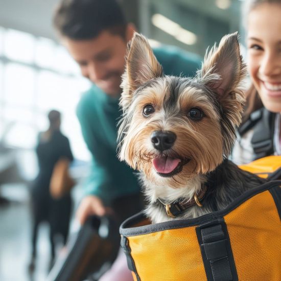 小型犬寵物出國準備意象-約克夏於機場大廳候機,呈現出國前的運輸籠適應、文件檢查與各國進口許可規劃。