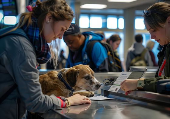 寵物出國全方位流程支援意象-米克斯犬與櫃檯文件核對,呈現飼主遠端委託、文件格式確認與官方規範對接之技術細節討論。