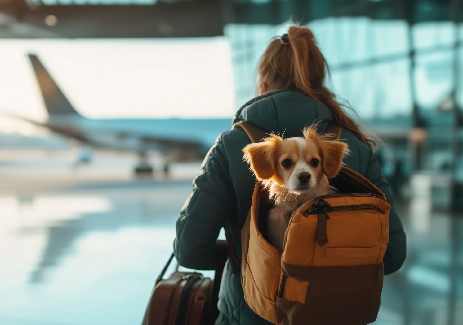 高規範国向けペット移住対応を表すイメージ。滑走路を前に小型犬を背負う女性の様子。