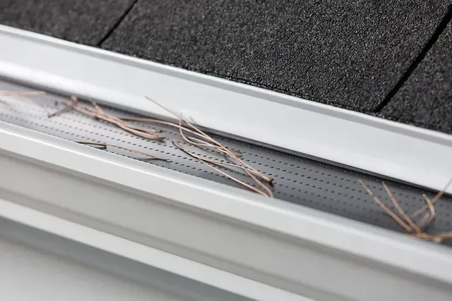 Gros plan sur une gouttière résidentielle blanche munie d'une grille de protection.