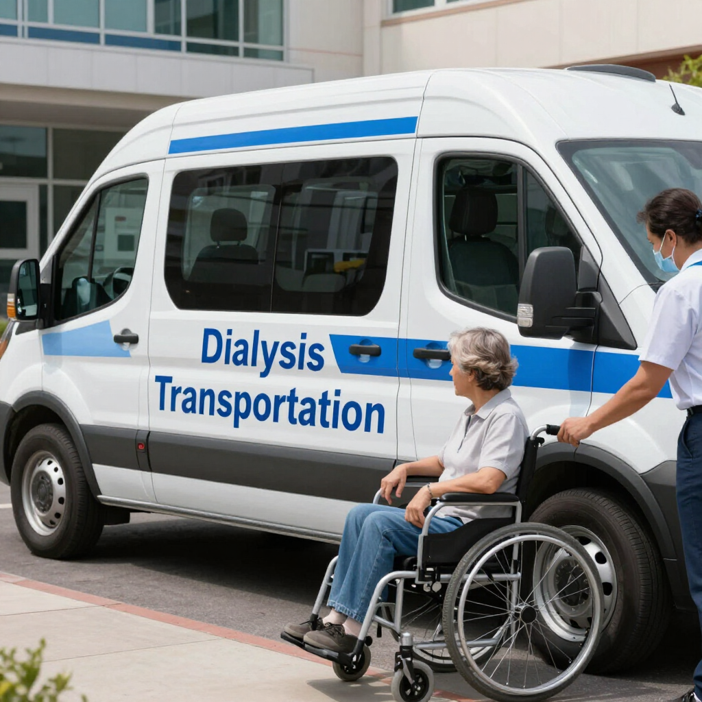 Dialysis transportation van with a driver assisting a wheelchair user outside a building