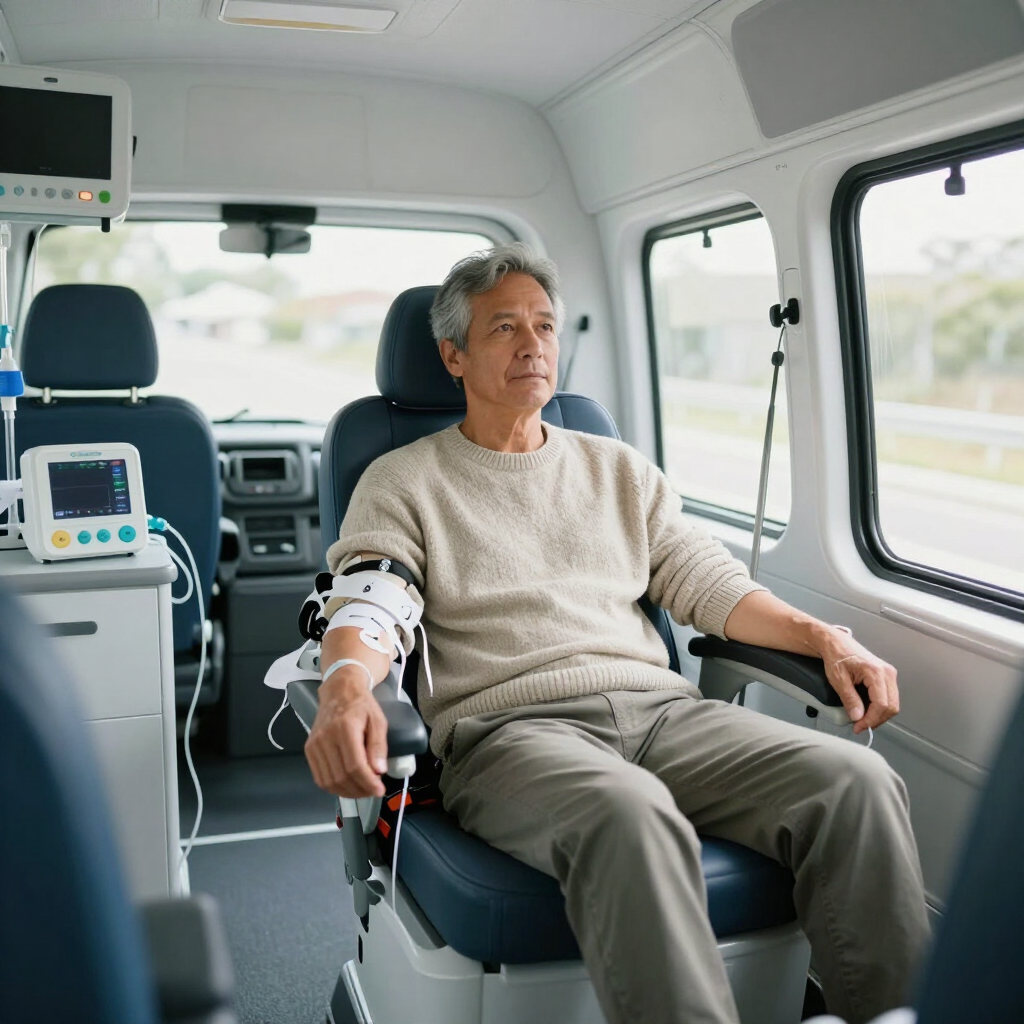 Patient seated in a transport van, resting with an IV line attached, near medical equipment.