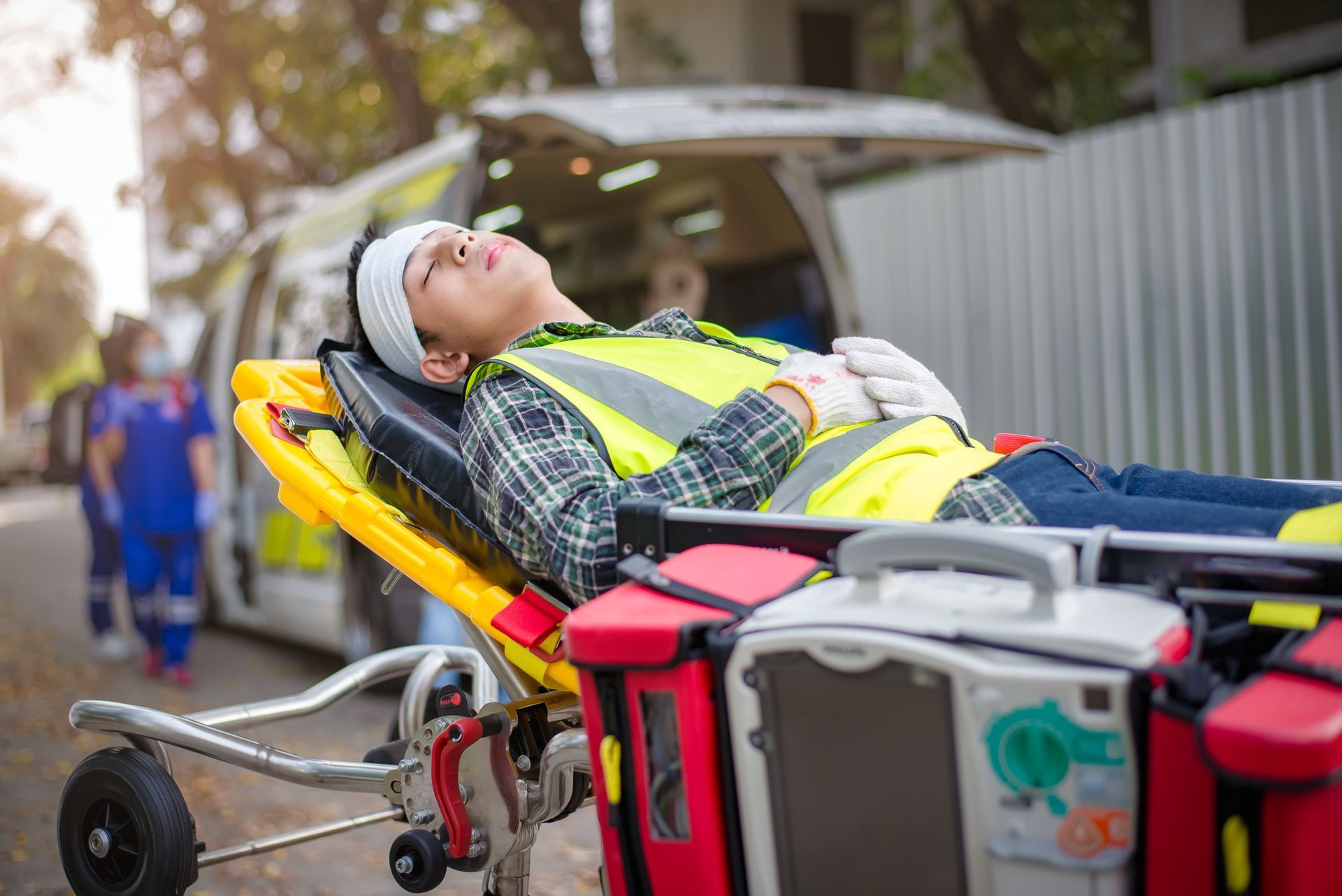 Man in a yellow vest lies on a stretcher being wheeled outdoors by emergency responders