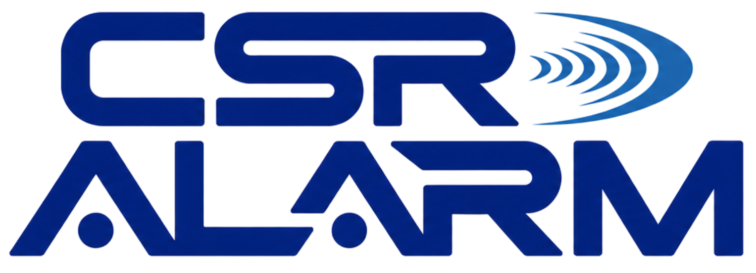 CSR Alarm logo in blue with radio signal waves on a white background