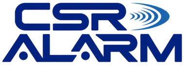 CSR Alarm logo in blue with shield icon and stylized letters