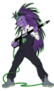 Purple anthropomorphic wolf holding a guitar, wearing black clothes with green accents