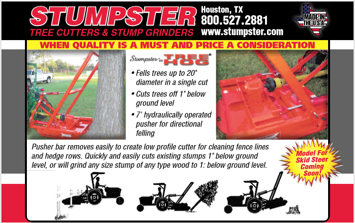 Advertisement for Stumpster tree cutters and stump grinders. Shows their product, features, and contact information.