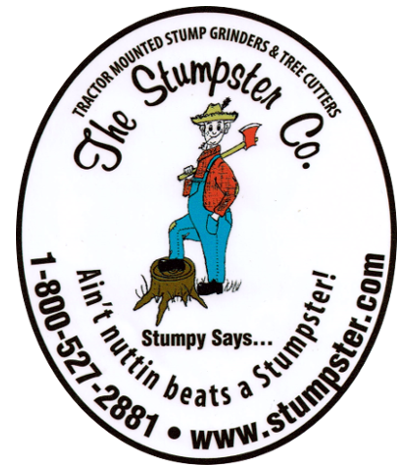 Logo for The Stumpster Co.: cartoon lumberjack on a stump, text