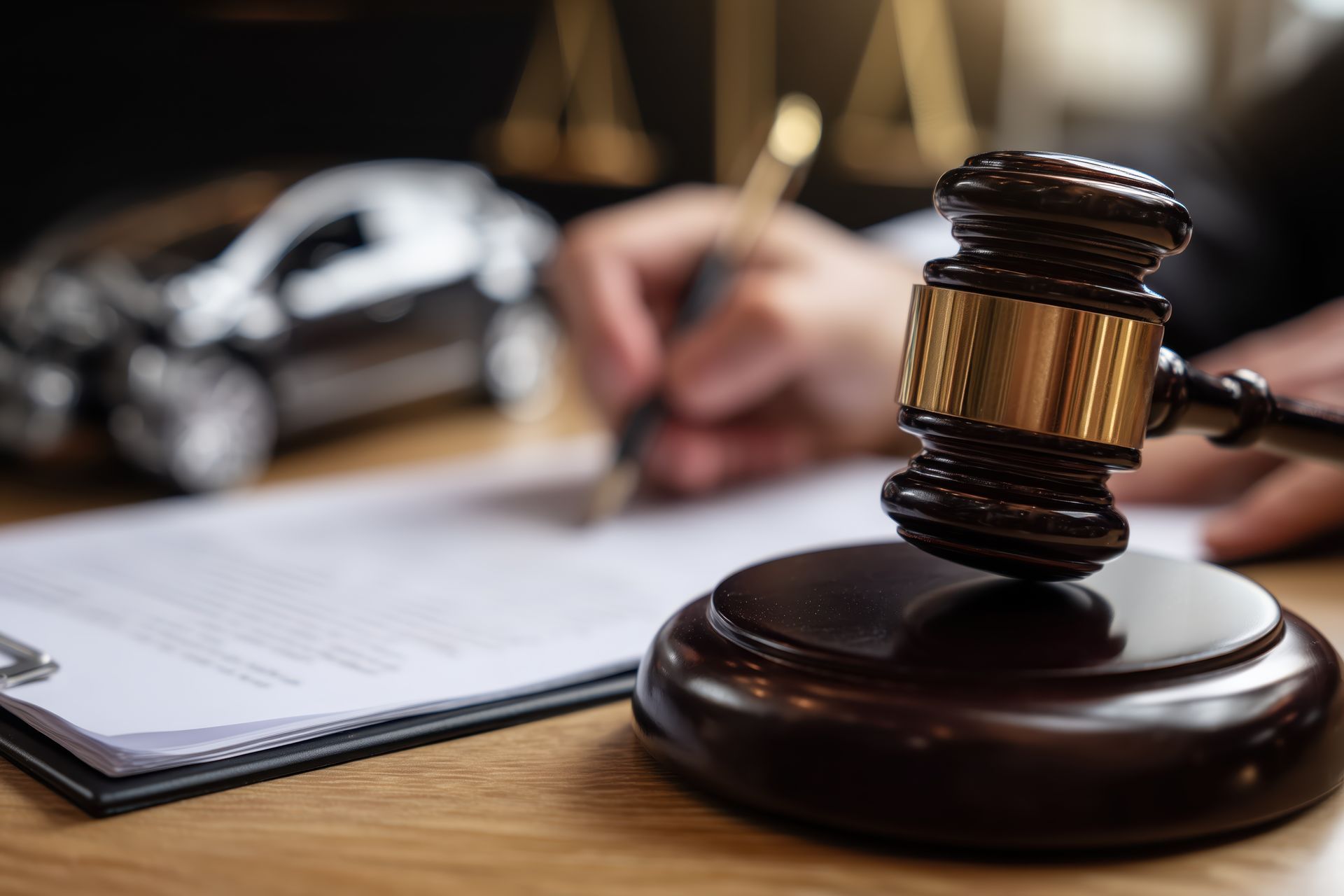 Close-up of a gavel and documents being signed with a blurred background of a damaged car. Close-up of a gavel and documents being signed with a blurred background of a damaged car.