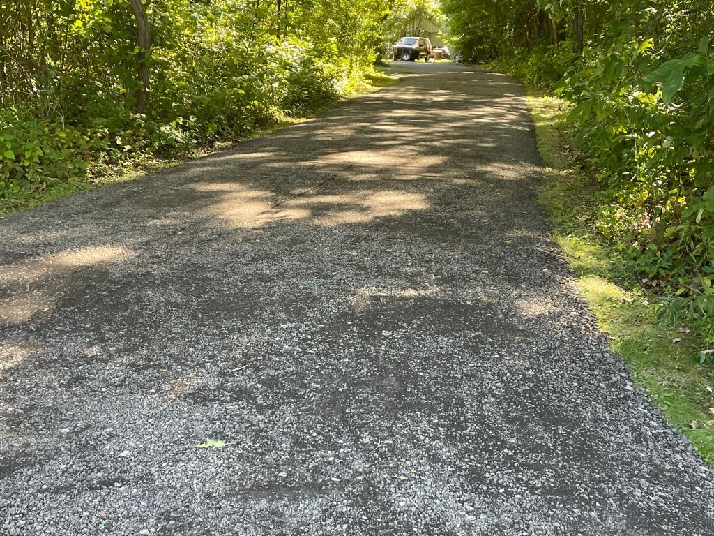 Gravel road through a green wooded area, with a car in the distance.