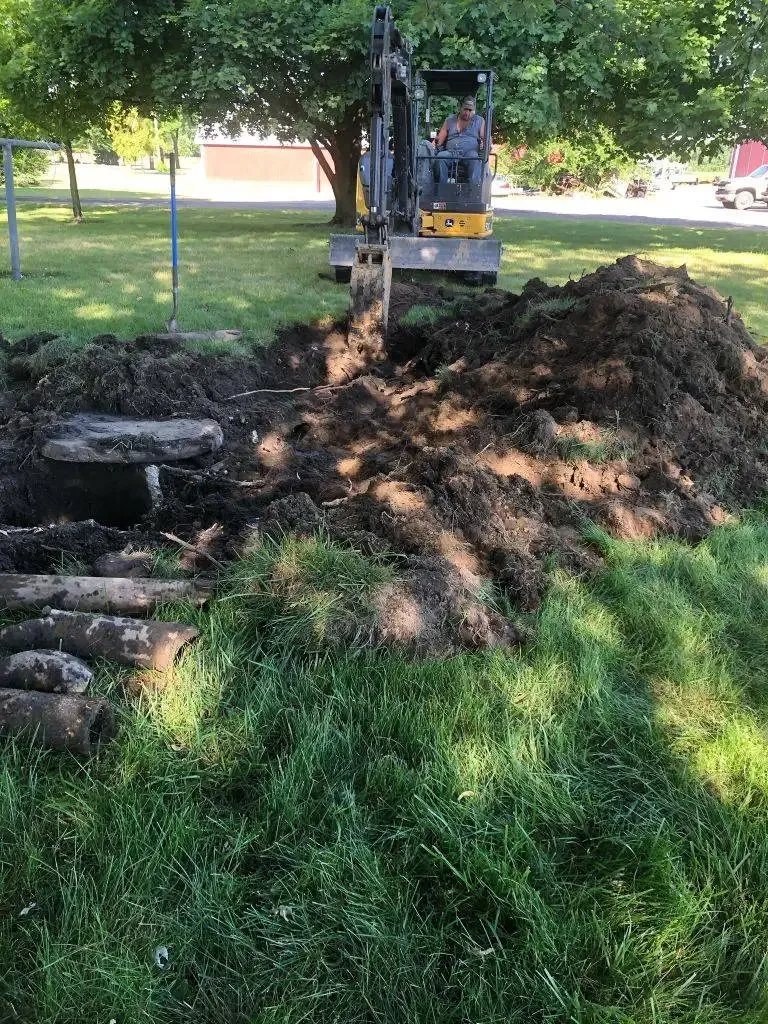 Excavator beside a large pile of dirt in a grassy park under trees.