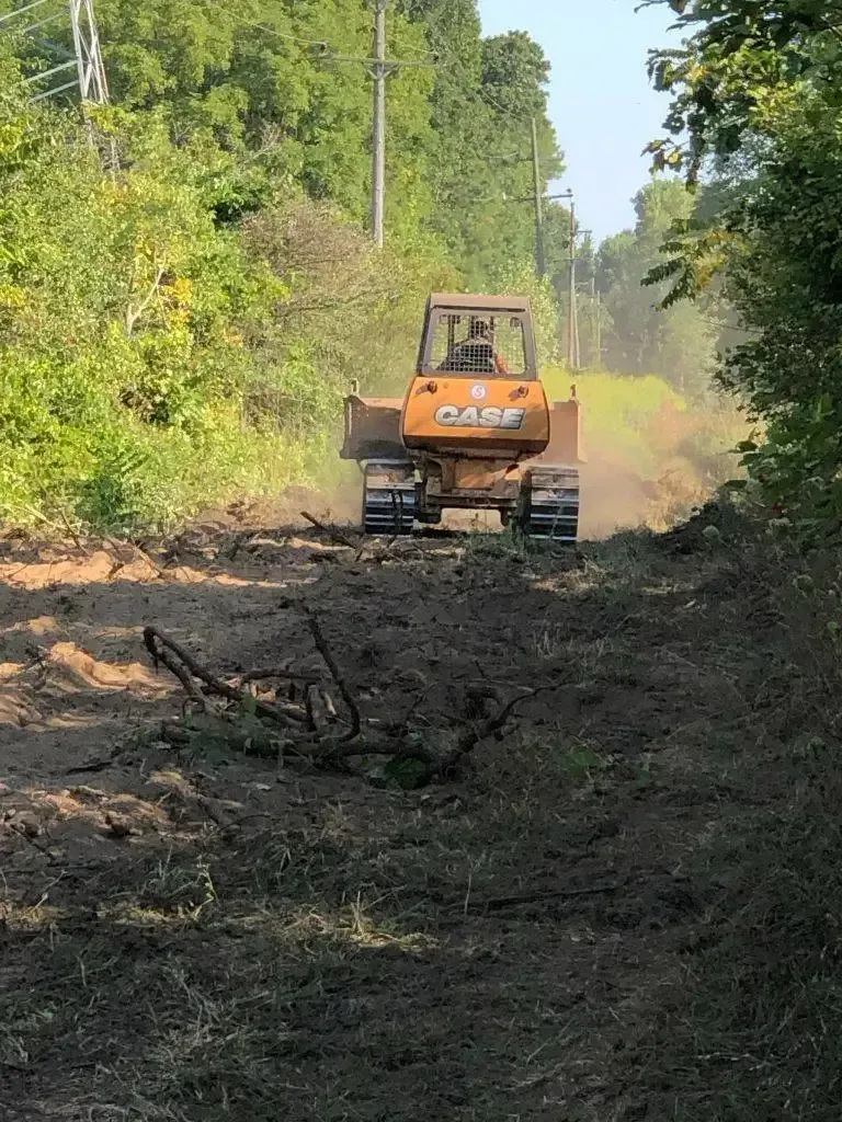 Orange bulldozer grading a muddy forest road, surrounded by trees and dust.