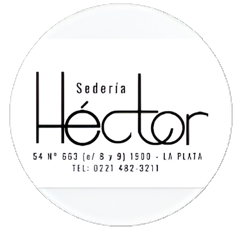 Logotipo para Sedería Héctor, tienda de telas en La Plata, con su dirección y número de teléfono sobre fondo blanco.