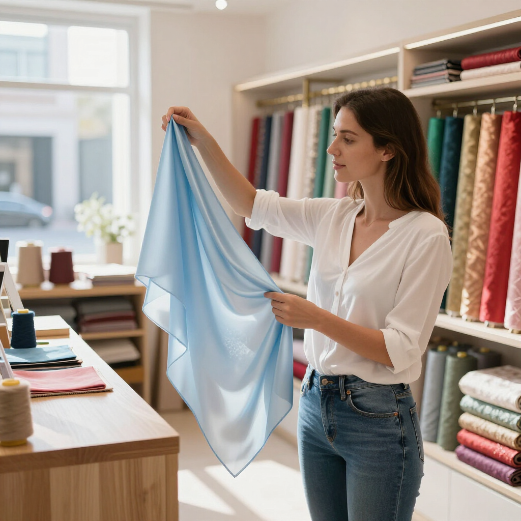 Una persona sostiene una muestra de tela de color azul claro en una tienda de telas luminosa con estantes con rollos de tela