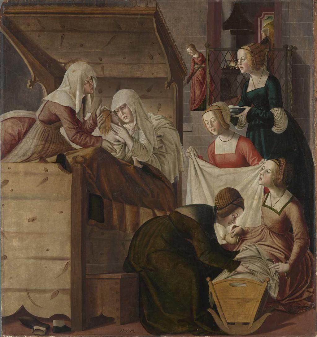 Vrouwen die een zieke verzorgen in een houten bed, met daarnaast iemand die doeken wast in een teil.