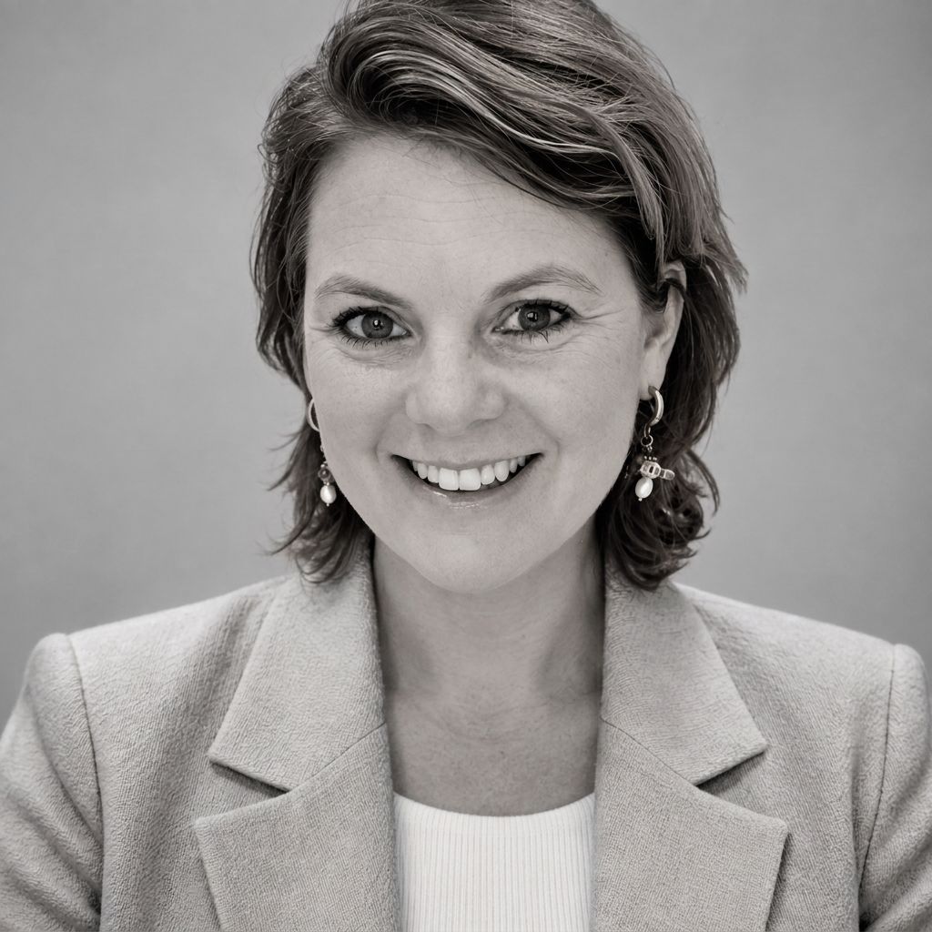 Glimlachend persoon in een lichtgekleurde blazer, poserend tegen een effen grijze achtergrond.