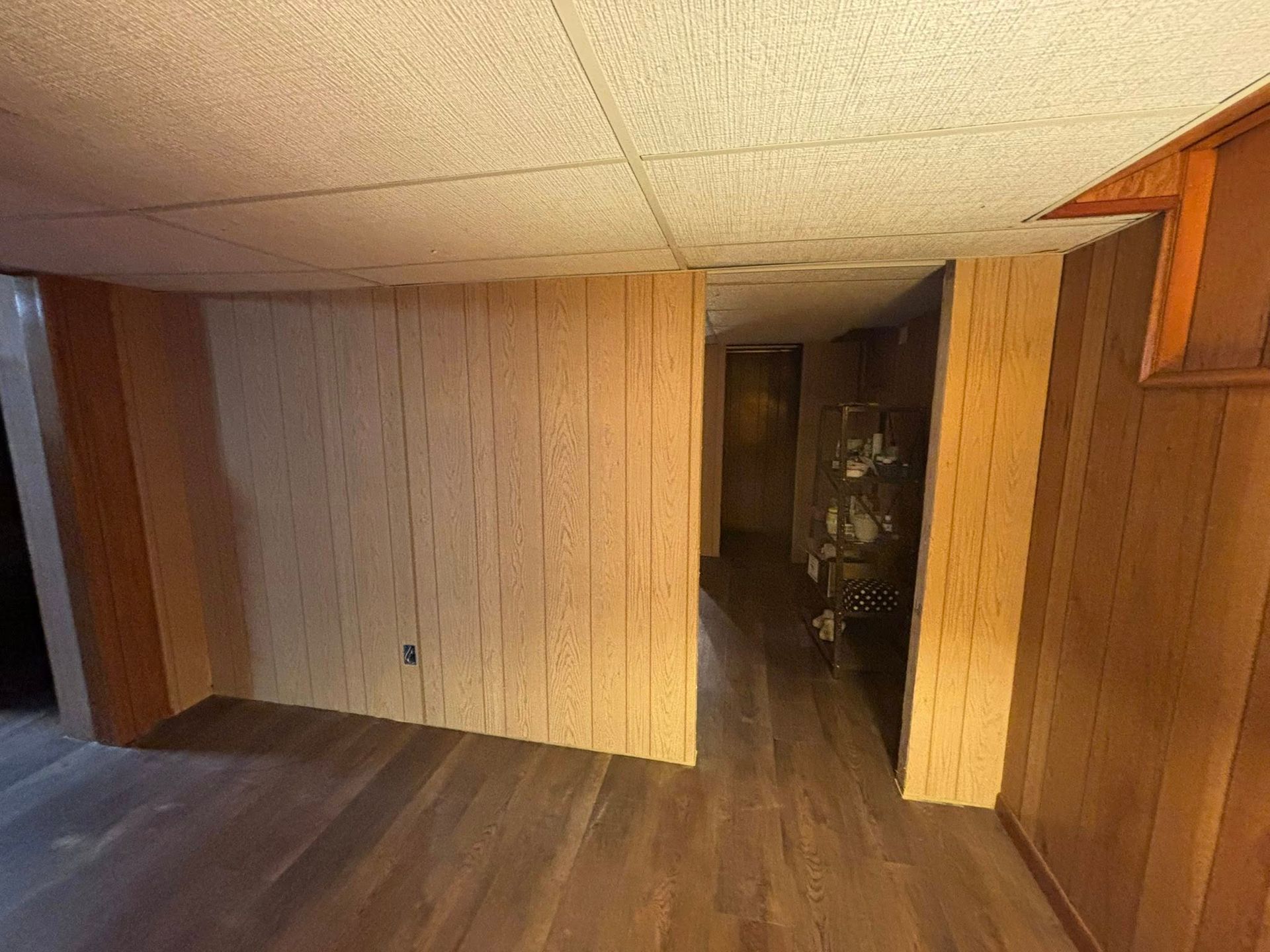 Empty wood-paneled room with brown carpet and a doorway to a dark adjoining space