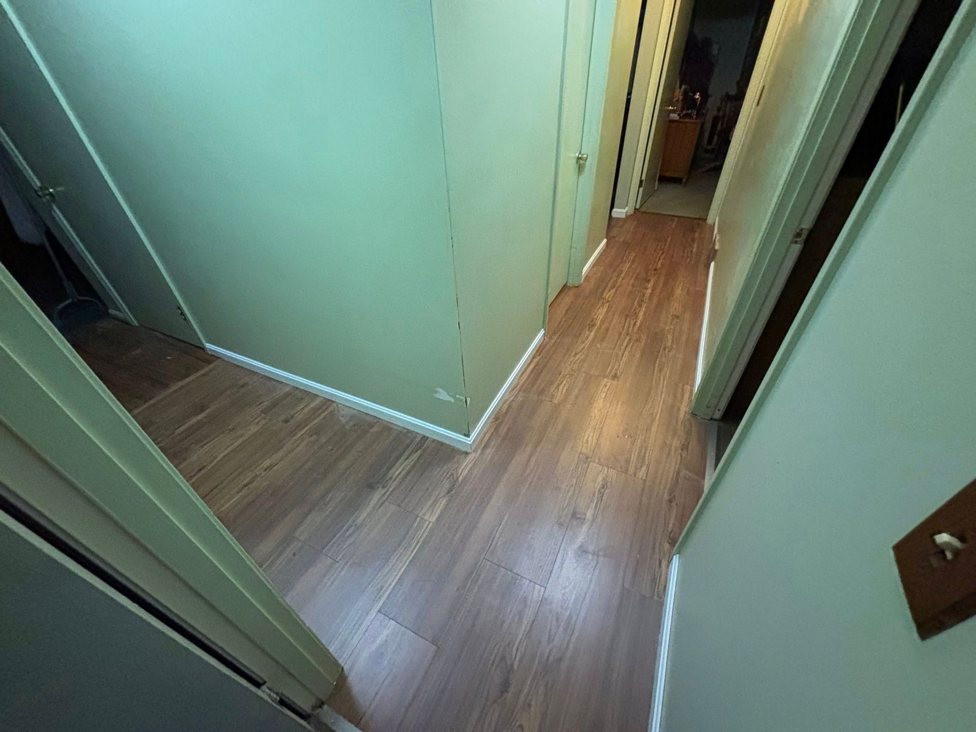 Narrow hallway with wood floors and pale green walls, viewed toward a doorway at the end.