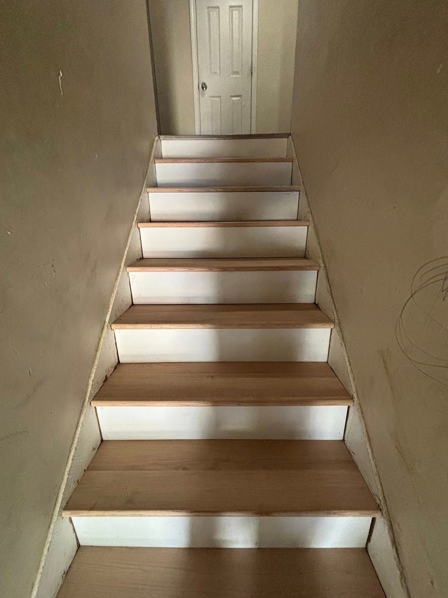 Narrow carpeted staircase with beige walls leading up to a closed white door.