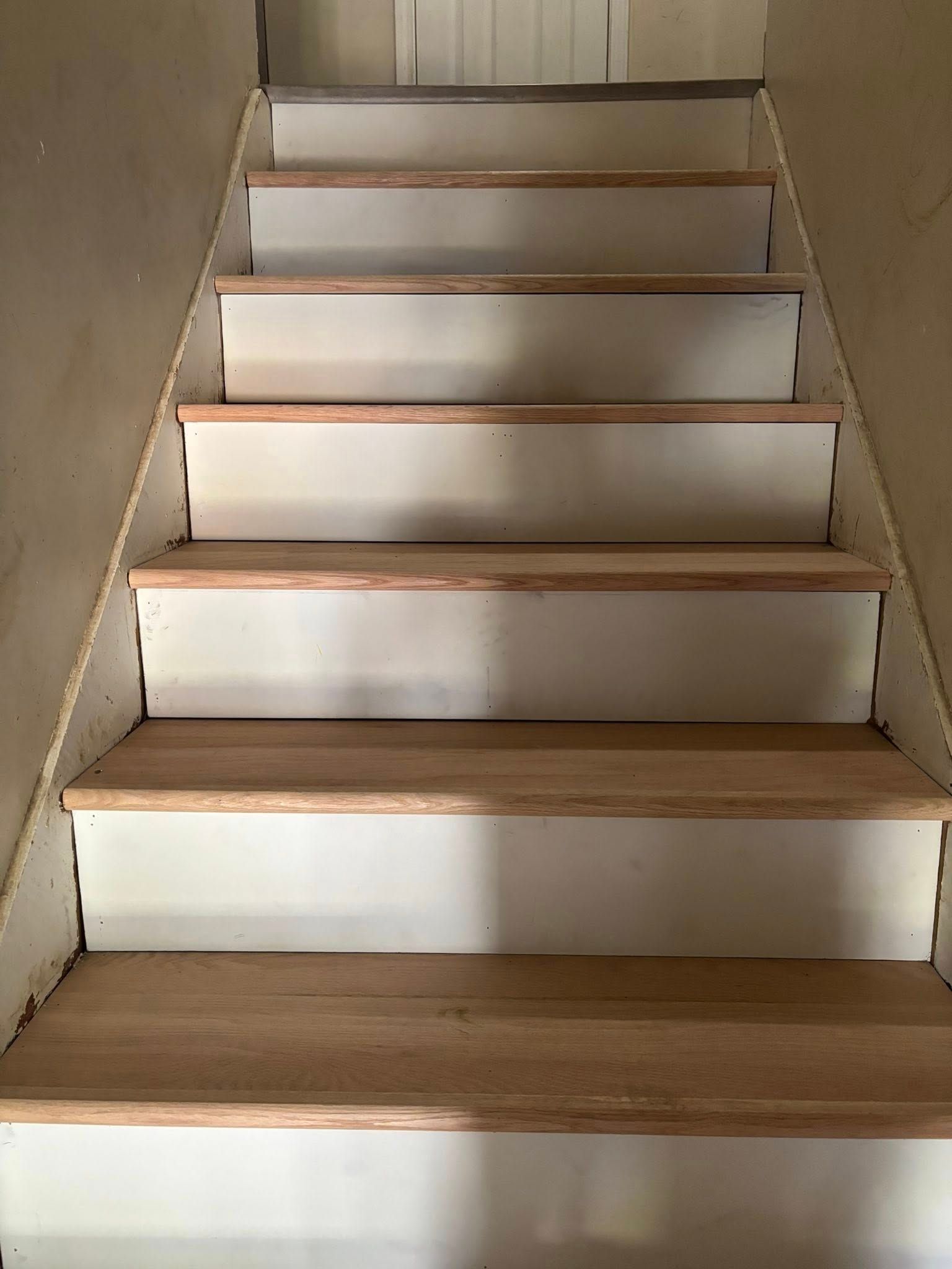 Carpeted indoor staircase with beige walls and white risers, viewed from the bottom up