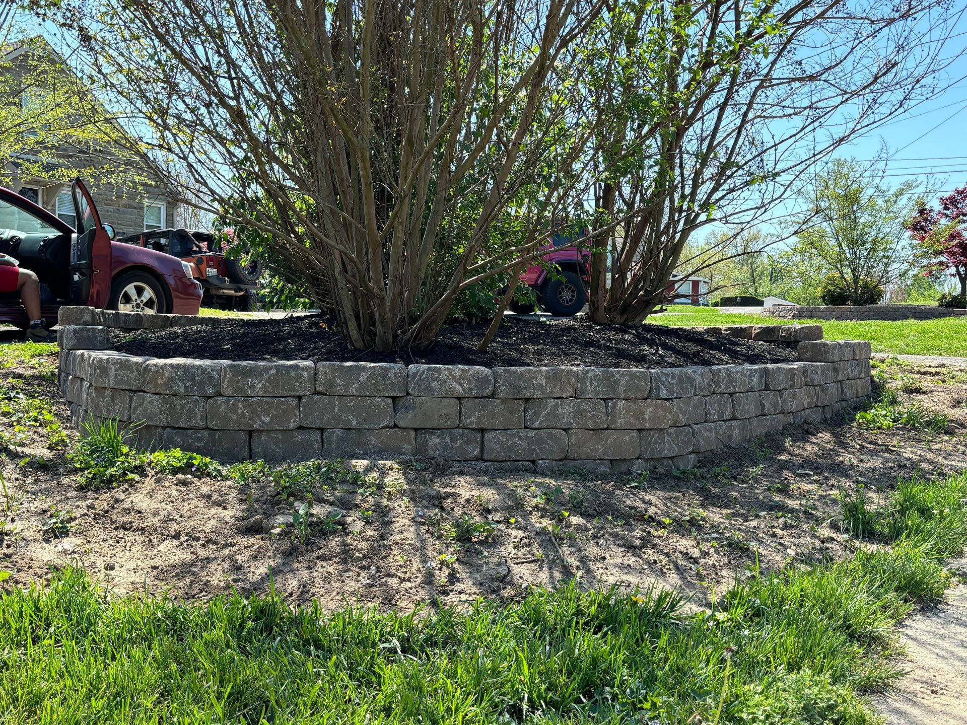 Stone retaining wall around a tree in a grassy yard, with vehicles in the background