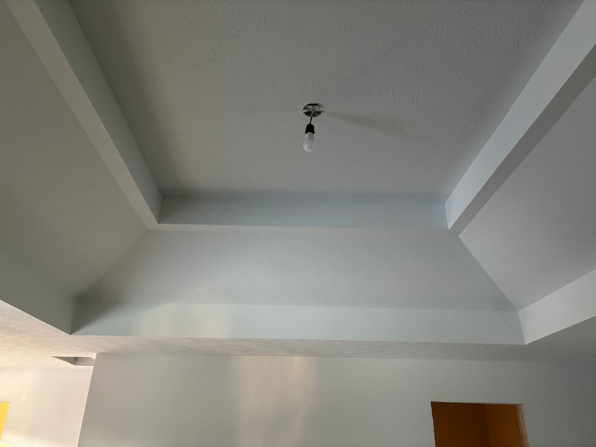White tray ceiling with recessed edges and a single bare light fixture in a room