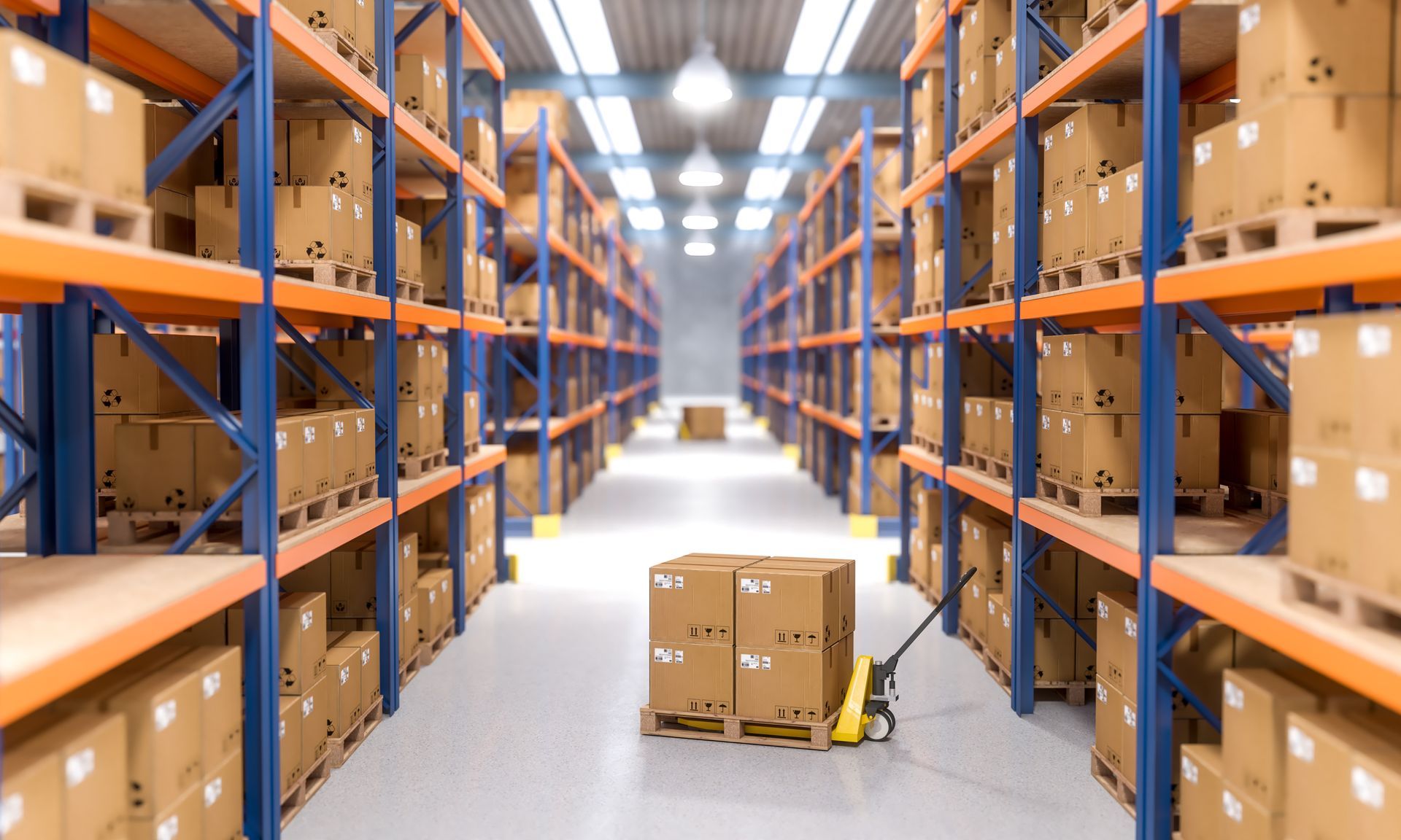 Warehouse aisle with tall blue-and-orange shelves, stacked boxes, and a pallet jack on a bright floor